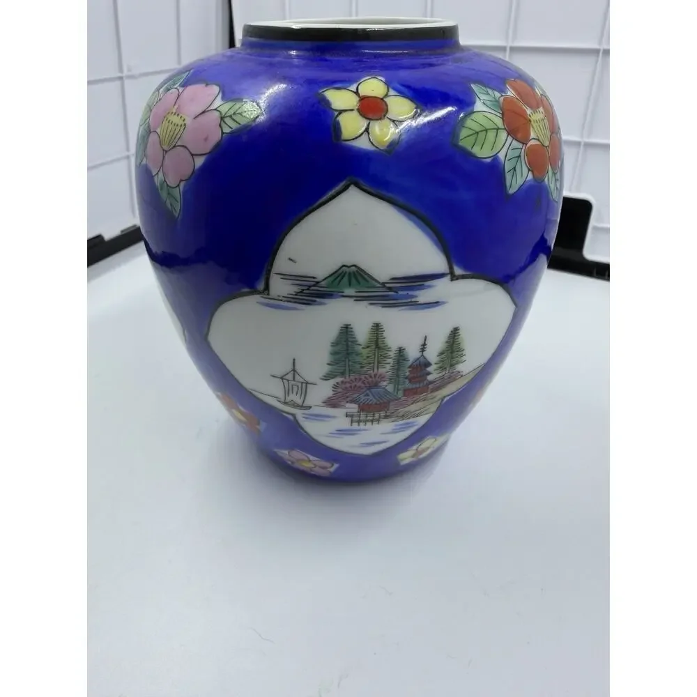 Antique Enameled Japanese Porcelain Vase, Cobalt Blue, Flowers Birds Dragon VTG